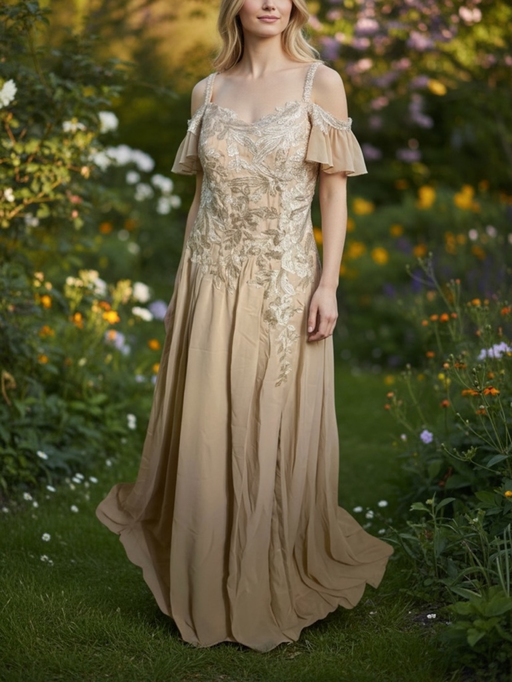 Elegant Lace Bodice Evening Gown in Beige